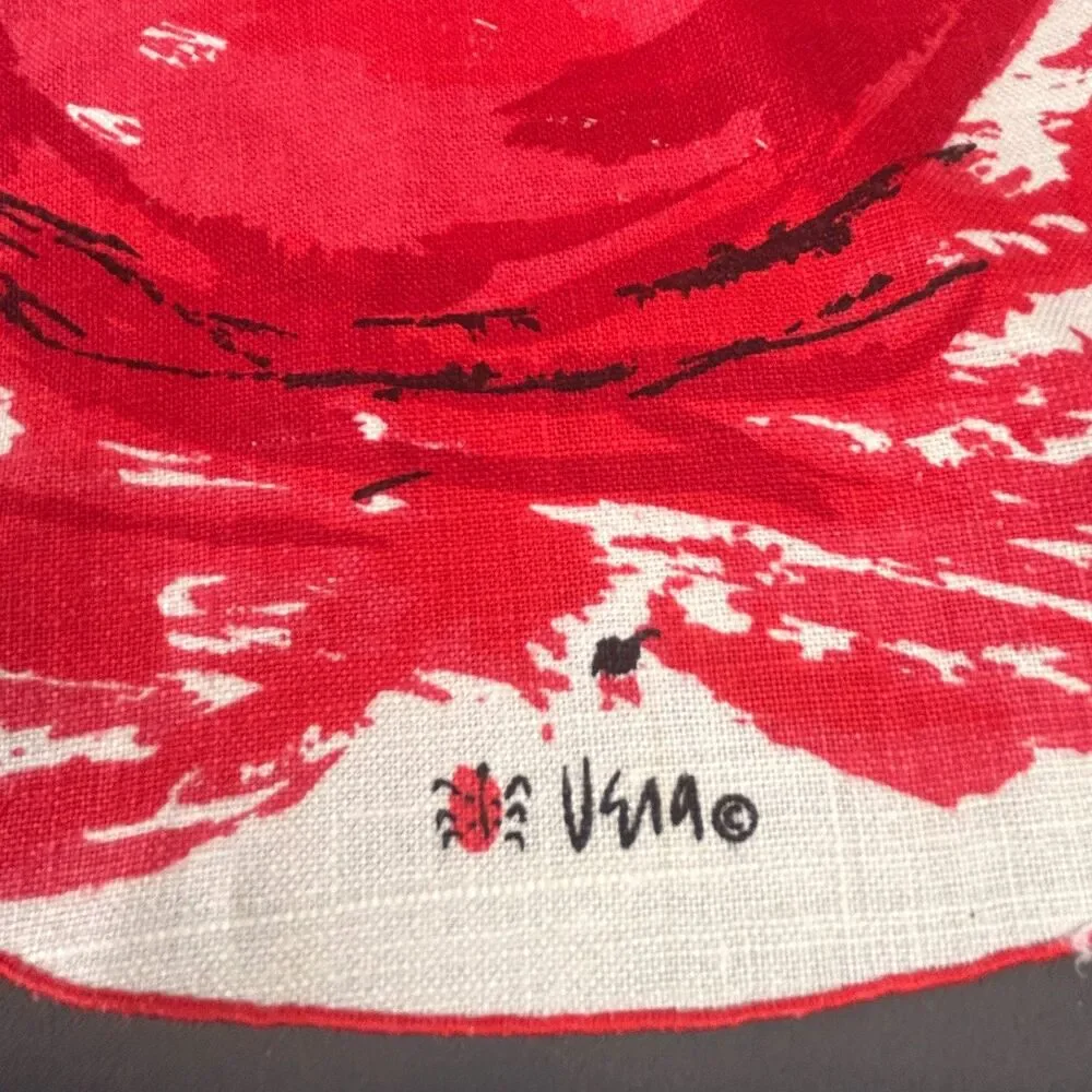 Vintage Vera Neumann Large Red Flower Linen Round Placemat Set of 4